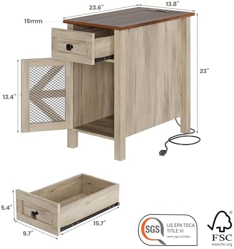 Farmhouse End Table with Charging Station,Narrow Side Tables with Storage