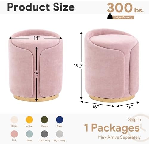 Swivel Vanity Stool with Back Comfy Vanity Chair with Gold Base Modern Round Stool for Makeup Vanity Ottoman Foot Rest for Bedroom livingroom (Pink)