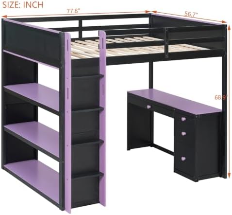 LUMISOL Full Gaming Loft Bed with Desk and Storage Shelves, Solid Wood Loft Bed with Drawers and Computer Desk for Teens, Space Saving High Loft Bed Frame for Kids Bedroom Purple
