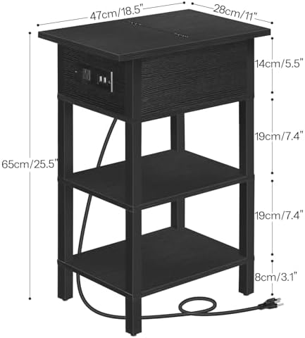 HOOBRO End Table with Charging Station, Flip Top Side Table with USB Ports, Narrow Nightstand Bedside Tables with Storage Shelves, for Small Space, Living Room, Black BK141UBZ01