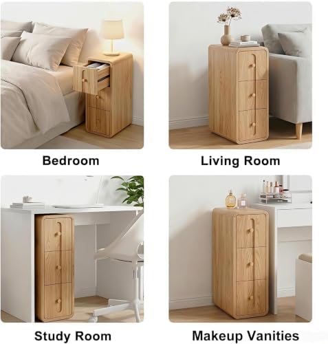 Narrow Nightstand Set of 2, Small Bedside Table with 3 Drawers, Mid Century Modern Skinny Nightstand with Storage, Wood Slim Side Table for Bedroom, Living Room (Natural-2pcs)