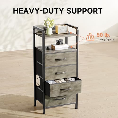 Lazzanto Nightstand with Rear Charging Station, LED Light, 4 Drawers, Grey