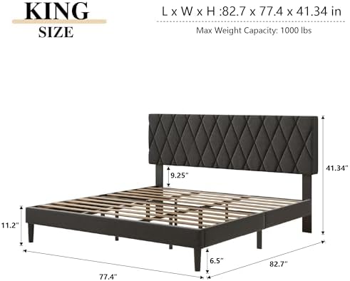 CXVX King Size Bed Frame with Diamond Tufted Headboard, Linen Upholstered Platform Bed and Wooden Slat Support, Noise-Free, No Box Spring Needed, Easy Assembly, Dark Grey