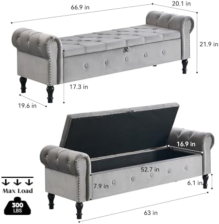 Storage Bench 67" Velvet End of Bed Benches Light Grey