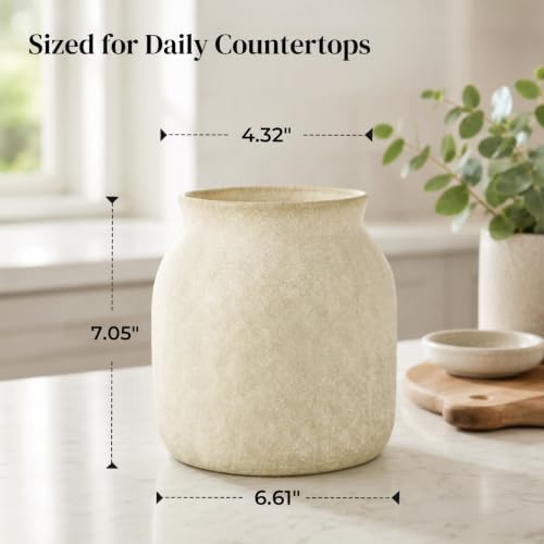 DOWAN 7 '' Ceramic Utensil Holder for Kitchen Counter, Light Beige Gray