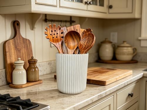 Large Stoneware Kitchen Utensil Holder for Kitchen Counter & Countertop Cooking Utensil Holder Spatula Holder Utensil Crock for Kitchen Counter Vertical Ribbed Fluted Stripe (Retro White)