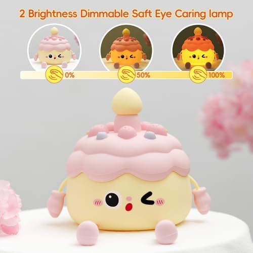 Cute Cake Night Light for Kids, Squishy Silicone Cake LED Night Lamp, Novelty Nursery Nightlight for Kids, Rechargeable Touch Lamp Bedside Lamp 2 Levels Dimmable, Room Decor Gifts for Girls Boys Baby