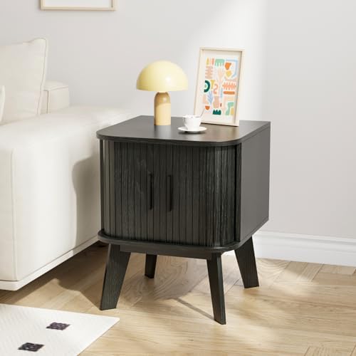 Nightstand with Sliding Roller Shutter Doors&Solid Wood Legs,Black