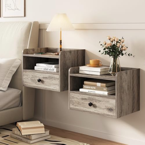 Floating Nightstand Set of 2 Modern Night Stands with Drawer and Open Shelf
