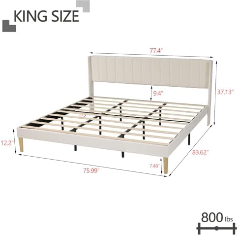King Size Bed Frame with Velvet Upholstered Headboard, Beige