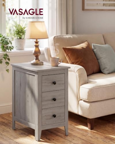 VASAGLE Side End Table with 3 Storage Drawers, Nightstand Farmhouse