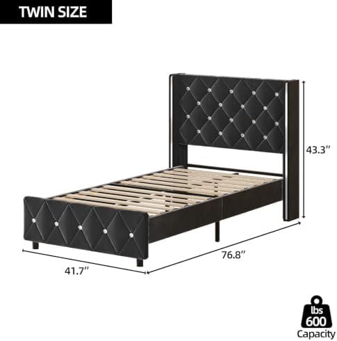 HOMBCK Twin Bed Frame with Velvet Headboard, Silverside Wingback, Black