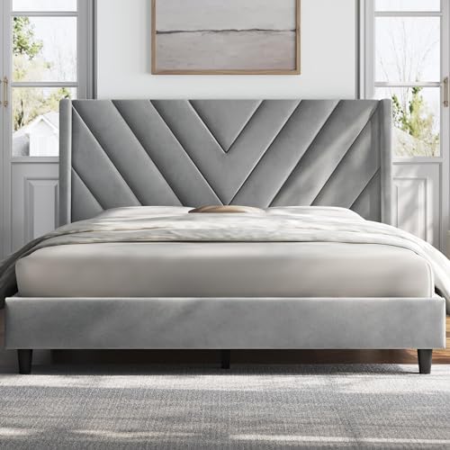 Yaheetech Full Bed Frame with Chevron Channel-Tufted Headboard, Light Gray