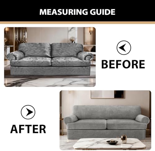 3 Pieces Sofa Covers fot T Cushion Loveseat Slipcover, Sofa Stretch Slip Covers for 2 Cushion Couch with 2 Individual T Shape Seat Covers (Light Gray, 2 Cushion)