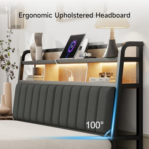King Headboard Only with Storage, Charging Station, Black & Brown