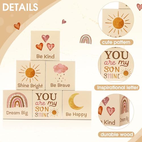 6 Pcs Nursery Shelf Decor Baby Wooden Blocks, Boho Style