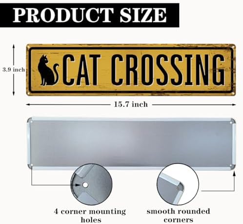 Rustic Farmhouse Metal Tin Sign, Cat Crossing Sign, Vintage Animal Road Signs for Porch, Yard, and Farmhouse, Animal Crossing Warning Signs, Perfect for Garden and Road, 15.7 x 3.9 inches