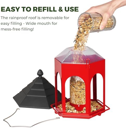 Kingsyard Metal Bird Feeder for Outdoors Hanging, 3 lbs Seed Feeder, Wild Bird Feeders for Garden Cardinal Finch Bluebird, Easy to Fill & Clean, Red