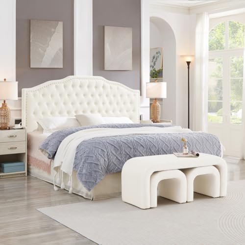 24KF Upholstered Button Tufted King Size Headboard with Nailhead Trim, Elegant Boucle Fabric California King headboard, 6031-K-Boucle-New Ivory