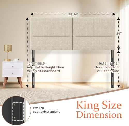Upholstered Headboard King Size, Solid Wood Head Board with Sturdy Metal Legs, Linen Bed Headboard with Height Adjustable, Oatmeal