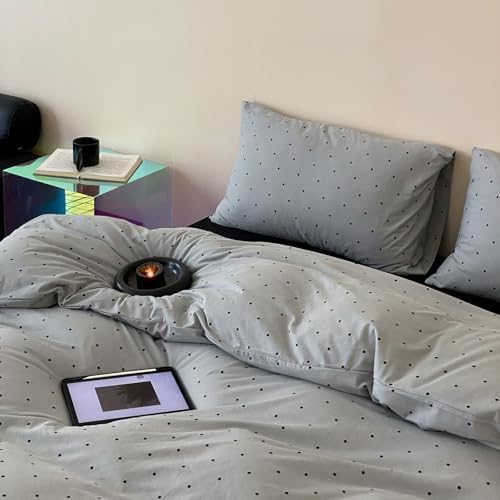 Polka Dot King Duvet Cover, 3 Piece 100% Cotton Jersey Knit Light Grey Comforter Cover, Soft Breathable Modern Aesthetic Bedding Set with Zipper & Corner Ties
