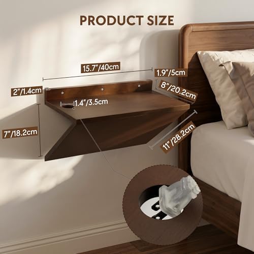 Floating Nightstand Set of 2 Walnut Bedside Table Wall Mounted Wood
