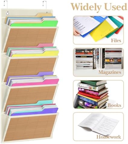 Over the Door File Organizer - Hanging Wall Mounted File Folders Storage with 4 Extra Large Pockets for Home, 0ffice, Classroom, Chart Papers, Files, Letters, Planner, Documents, Magazine Book