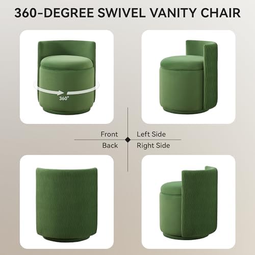 WUTUTUEE Velvet Vanity Chair with Storage, 360° Swivel Makeup Chair with Wave Back, No Assembly Small Accent Stool for Bedroom, Dressing, Living Room, Green