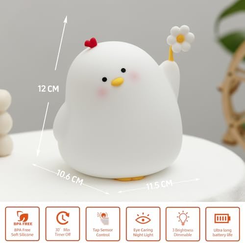 Chick Night Light for Kids, Cute Chicken LED Squishy Night Lamp Rechargeable, Novelty Nursery Lamp Animal Nightlight, 3 Levels Dimmable, Touch Lamp for Bedroom, Home Decor Gifts Stuff for Girls Boys
