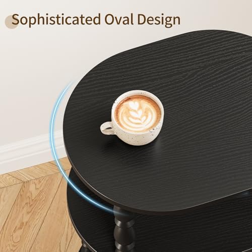 Yoobure 3-Tier Small Side Table - Oval End Table with Vintage Spindle Legs, Accent Night Stand with Storage Shelf for Narrow Spaces, Wood Nightstand Bedside Table for Living Room, Bedroom, Black
