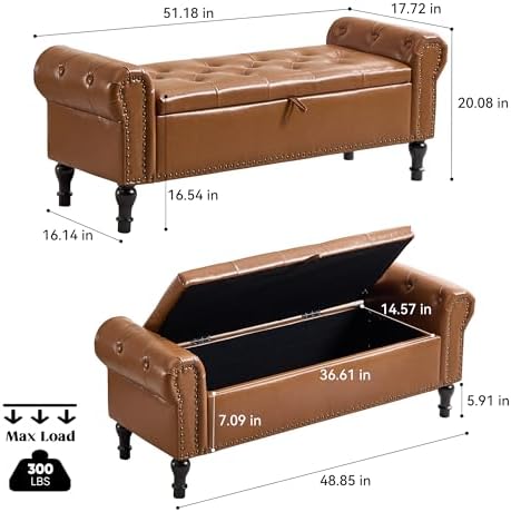 Storage Bench for Bedroom, 51" Upholstered End of Bed Bench, Faux Leather Queen Size Benches with Rolled Arms, Tufted Button Storage Long Ottoman, Living Room, Entryway, Brown