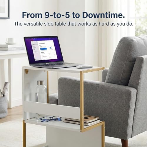 Narrow End Table for Small Spaces - Slim Side Table, S Shape Design Narrow End Tables Living Room,Skinny Bedroom Nightstand Thin Side Magazine Bookshelf (Champagne Gold)