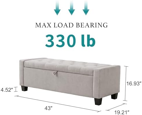 Huatean Home 43" Ottoman with Storage, Light Gray Storage Ottoman Bench