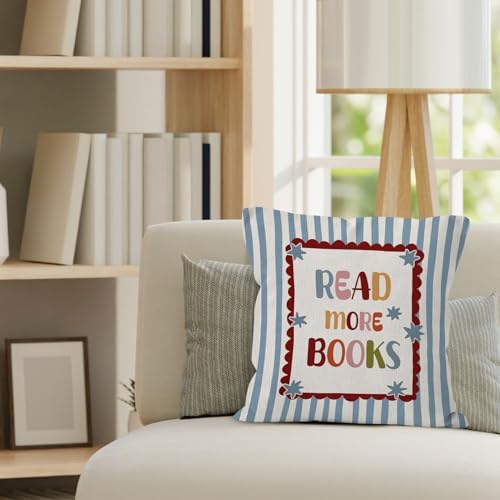 Boho Classroom Reading Throw Pillow Cover 18x18, Book Lover Bookish Gifts Decorative Pillow Covers for Kids Nursery Bedroom Reading Room Corner Nook, Blue Striped Accent Pillows Cover Pillowcases