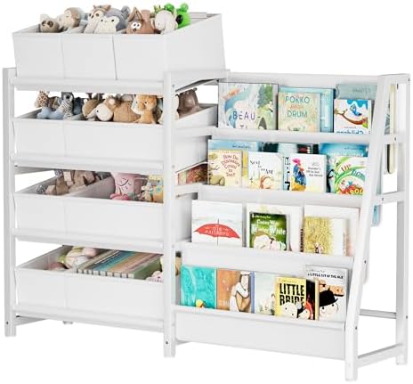 Toy Storage and Kids Bookshelf, toy organizer with 9 Bins+ 4 Tier Bookshelf