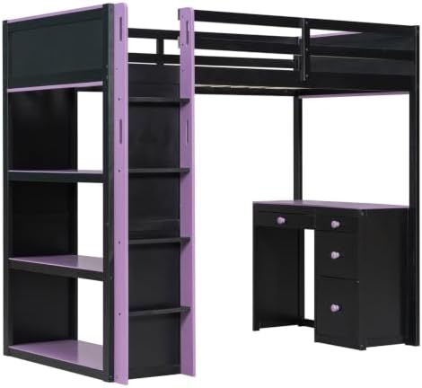 LUMISOL Twin Gaming Loft Bed with Desk and Storage Shelves, Solid Wood Loft Bed with Drawers and Computer Desk for Teens, Space Saving High Loft Bed Frame for Kids Bedroom Purple