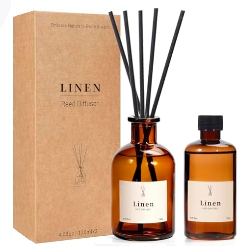 Reed Diffuser Set, 8.12 fl.oz Linen Scented Oil Diffuser, Home Fragrance Reed Diffusers for Bathroom Shelf Decor & Air Fresheners - Includes Reed Diffuser Sticks, 2 Pack Fragrance Oil & Glass Bottle