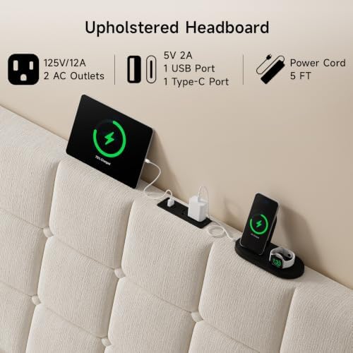 ONBRILL Queen Headboard Only with Charging Station, Soft Chenille Fabric