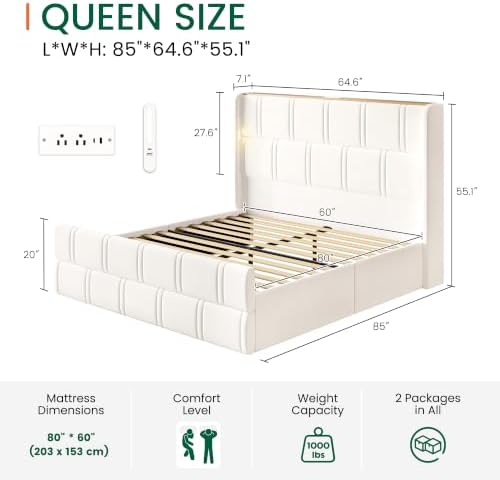 LARMACE 55.1" Tall Headboard Queen Size Bed Frame, 2 Reading Lights, Beige