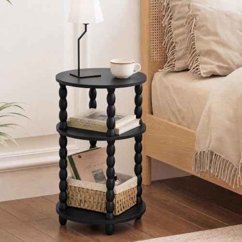 3-Tier Round Side Table, Small End Table with Solid Wood Spindle Legs Black