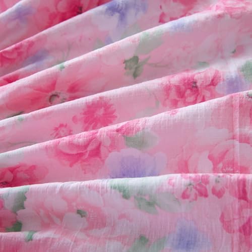 Bedding Fitted Sheet with Deep Pocket,Pink Floral Printed Fabric Bed Sheets(Pink Flower,Queen)