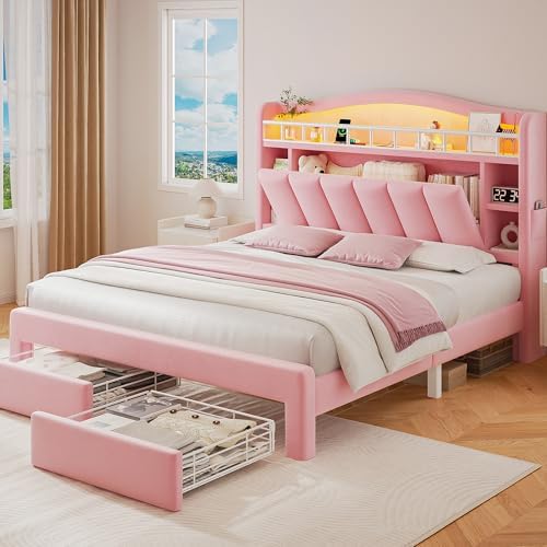 Kids LED Bed Frame with Storage Headboard & 2 Storage Drawers (Full&Pink)