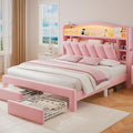 Kids LED Bed Frame with Storage Headboard & 2 Storage Drawers (Full&Pink)