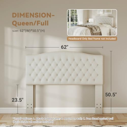 Befurtori Queen Headboard Only, Linen Classic Tufted Design, Ivory