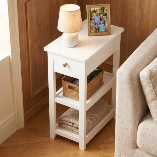 SEJOV Narrow Side Table, Small White End Table with Drawer and 2 Shelves
