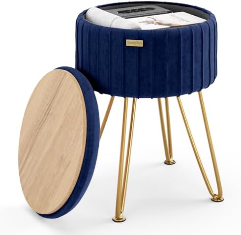 Round Ottoman with Storage, Pleated Velvet Storage Ottoman, Foot Stool Ottomans, Makeup Vanity Stool, Small Ottomans Foot Rest, Modern Vanity Stools for Living Room and Bedroom, Blue