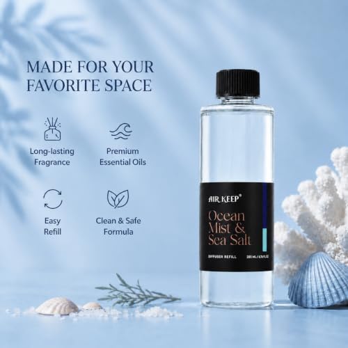 Airkeep Ocean Mist&Sea Salt Reed Diffuser Refill – 6.76 fl oz – Premium Scented Oil for Home Aromatherapy – Long-Lasting Fragrance for Reed Diffusers – Perfect for Bathroom, Bedroom & Home Decor