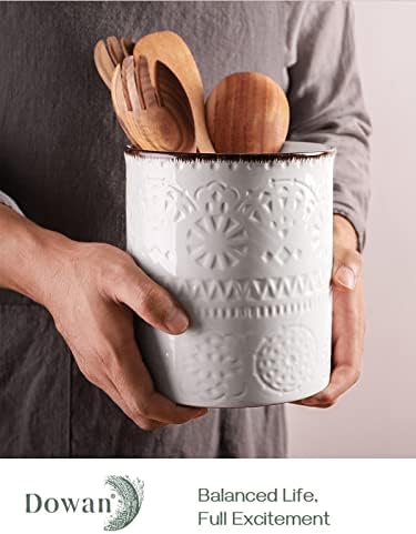 DOWAN 7.2" Kitchen Utensil Holder, Extra Large Farmhouse Utensil Holders for Countertop, Ceramic Utensil Crock, Anti Slip Cork Bottom