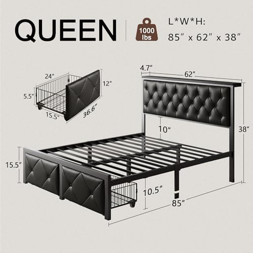 Einhomn Queen Bed Frame with Storage Drawer, Metal Platform Bed with Charging Station, Upholstered Faux Leather Button Tufted Storage Headboard, No Box Spring Needed, Noise-Free, Easy Assembly, Black