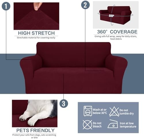 JIVINER Stretch Loveseat Slipcovers 1 Piece Love Seat Sofa Cover Spandex 2 Seater Couch Covers Universal Furniture Protector with Elastic Bottom (Medium, Wine Red Rhomb)